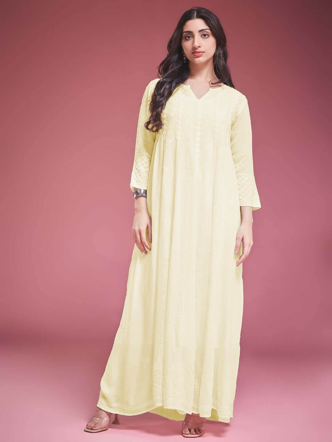 ZAVIYA Chikankari Georgette Yellow Anarkali - KRI CHIKANKARI